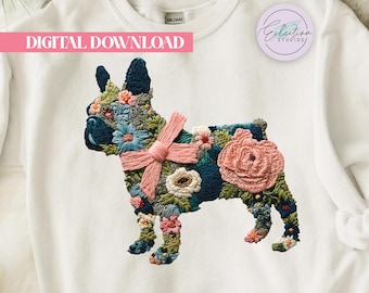 Floral French Bulldog PNG, Embroidered Frenchie Bow Shirt Design, Dog Mom Graphic