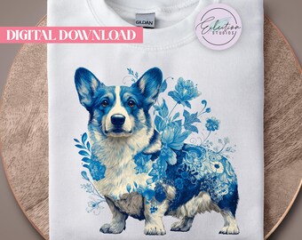 Blue Toile Corgi PNG, Elegant Floral Dog Shirt Graphic, Chinoiserie Pet Lover Design