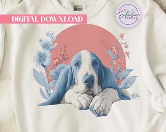Retro Basset Hound PNG, Blue Floral Dog Shirt Graphic, Relaxed Botanical Sunset Pet Design
