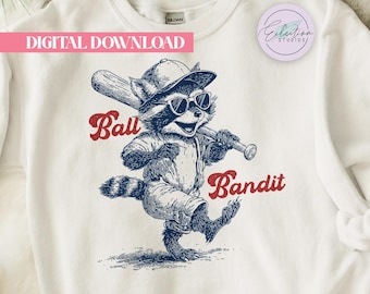 Raccoon Baseball PNG Vintage Ball Bandit Graphic Funny Baseball Animal Linocut Retro Mascot Design