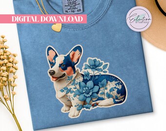 Pretty Corgi PNG, Blue Floral Dog Shirt Graphic, Botanical Pet Lover Design