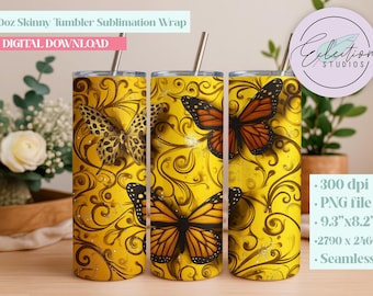 Golden Monarch Butterfly Tumbler Wrap | Boho Leopard Butterfly Seamless Sublimation PNG