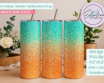 Glitter Ombre Tumbler Wrap: Orange Mint Sublimation Design (Digital Download)
