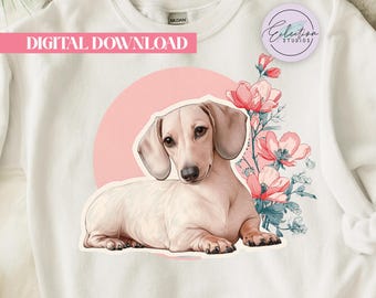 Cream Dachshund PNG, Floral Wiener Dog Shirt Graphic, Soft Girly Dog Mom Sublimation