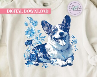 Blue Toile Corgi PNG, Floral Dog Shirt Graphic, Chinoiserie Pet Lover Design