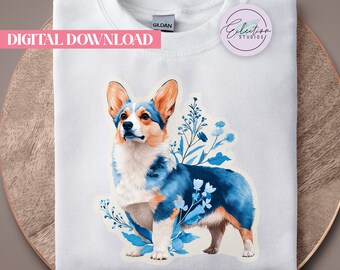 Alert Corgi PNG, Blue Floral Dog Shirt Graphic, Botanical Pet Lover Design
