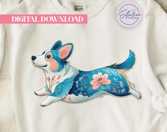 Free Spirit Corgi PNG, Floral Running Dog Shirt Graphic, Whimsical Folk Art Pet Design