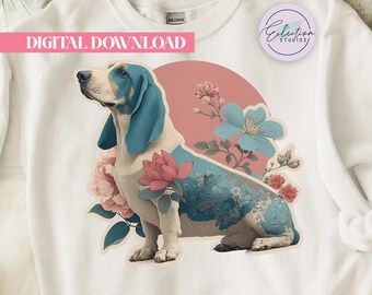 Blue Floral Basset Hound PNG, Chinoiserie Basset Shirt Graphic, Grandmillennial Dog Design