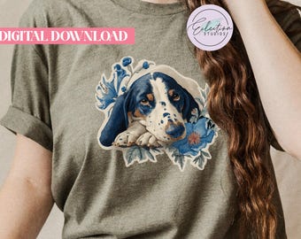 Sweet Face Basset Hound PNG, Blue Floral Dog Shirt Graphic, Botanical Puppy Pet Design
