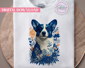 Handsome Corgi PNG, Blue Floral Dog Shirt Graphic, Elegant Pet Portrait Design