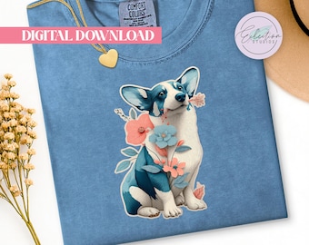 Corgi Holding Flowers PNG, Blue Floral Dog Shirt Graphic, Whimsical Botanical Pet Design