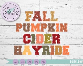 Fall SVG Bundle, Stitched Word Collection, Fall, Pumpkin, Cider, Hayride, Varsity letter design, commercial use SVG, DXF, eps, jpg, & png