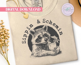 Sippin And Schemin Raccoon PNG, Funny Retro Cocktail Shirt Graphic, Trash Panda Design