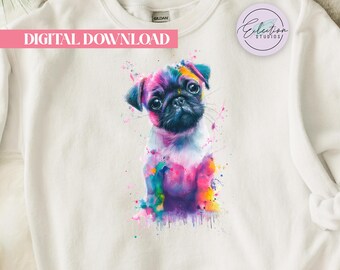 Neon Watercolor Pug PNG, Colorful Pug Shirt Graphic, Dog Mom Sublimation Design