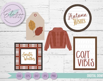 Tiered Tray SVG Sign Kit, Fall Sweater Weather Cozy  themed SVG bundle, Shiplap Signs, Laser Cutting, Mini Sign Kit File