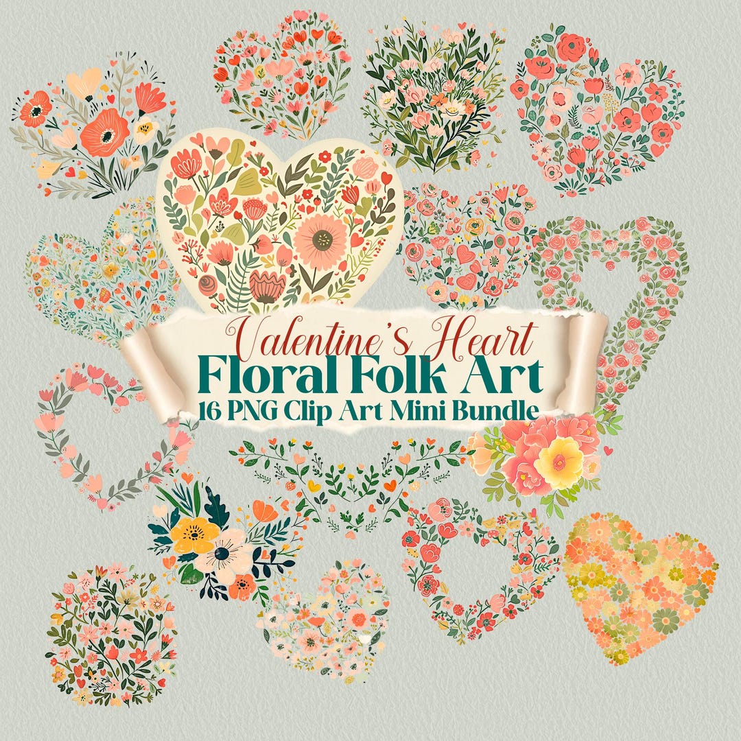Romantic Floral Heart Clipart | Valentine Folk Art PNG Bundle (digital ...