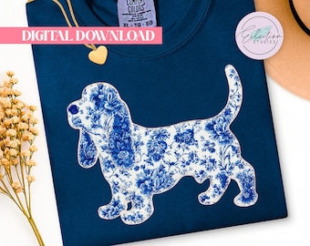 Blue Toile Basset Hound PNG, Chinoiserie Dog Shirt Graphic, Grandmillennial Puppy Design