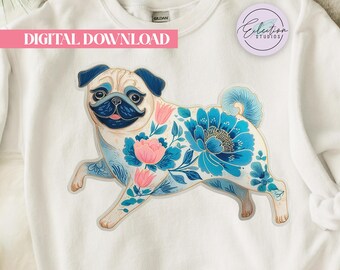 Chinoiserie Happy Pug Shirt PNG: Blue Floral Dog Portrait
