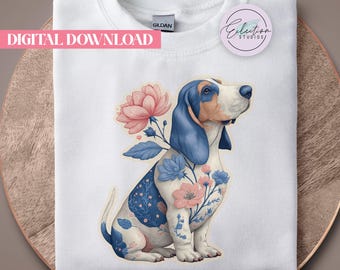 Blue Floral Basset Hound PNG, Chinoiserie Dog Shirt Graphic, Grandmillennial Dog Design