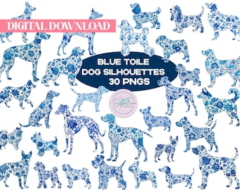 Blue Toile Dog Silhouette PNG Bundle, 30 Grand Millennial Floral Clipart