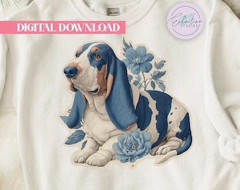 Botanical Basset Hound PNG, Blue Tricolor Dog Shirt Graphic, Vintage Floral Pet Design