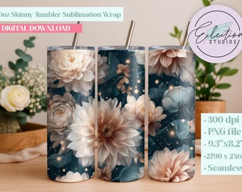 20oz Skinny Tumbler Wrap PNG Teal Blush Peony & Dahlia Seamless  Dark Floral Sublimation