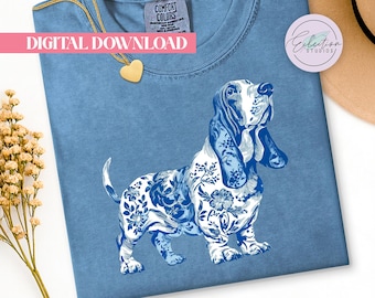 Blue Chinoiserie Basset Hound PNG, Grandmillennial Dog Shirt Graphic, Floral Vintage Pet Design