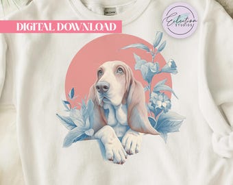 Soulful Eyes Basset Hound PNG, Retro Floral Dog Shirt Graphic, Soft Botanical Pet Design