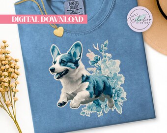 Blue Floral Corgi PNG, Leaping Dog Shirt Graphic, Botanical Pet Lover Design