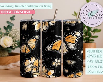 Midnight Monarch Butterfly Tumbler Wrap | Black Gold Butterfly Seamless Sublimation PNG | Boho Glam Nature Design