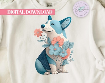 Corgi In Bloom PNG, Blue Floral Dog Shirt Graphic, Soft Botanical Pet Design