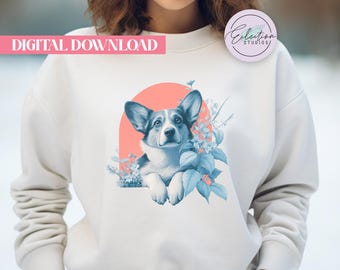Soulful Corgi PNG, Retro Floral Dog Shirt Graphic, Blue Botanical Pet Design