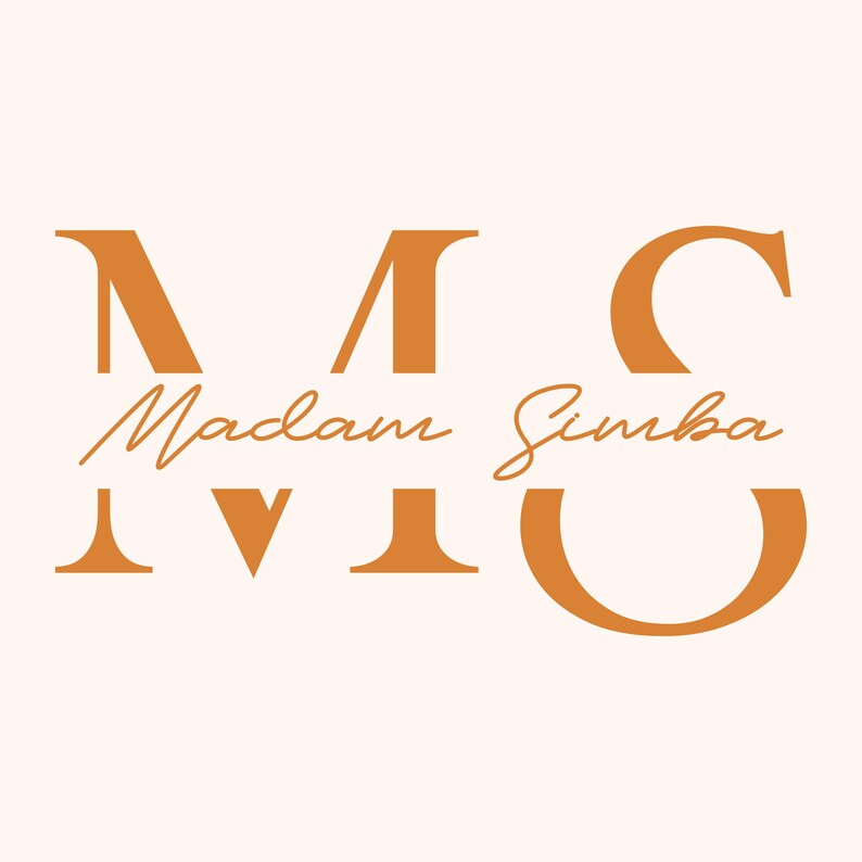 May include: Orange logo with the letters "M" and "S" in a bold, sans-serif font. The text "Madam Simba" is written in cursive script below the letters.