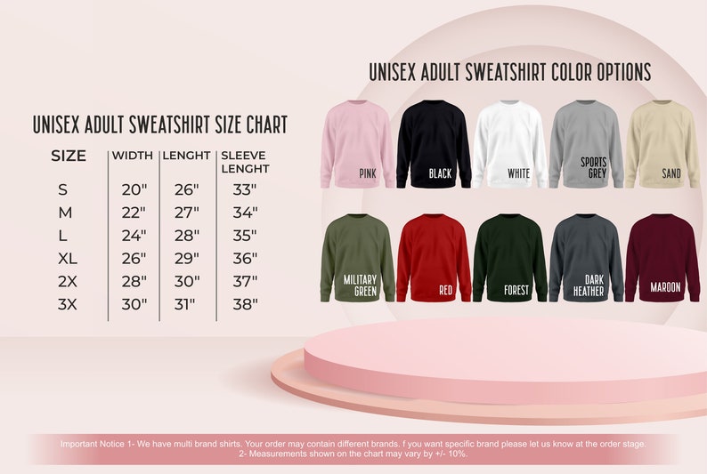 Puede incluir: Tabla de tallas de sudadera unisex para adultos con medidas en pulgadas. Las opciones de color incluyen rosa, negro, blanco, gris deportivo, arena, verde militar, rojo, bosque, gris oscuro y granate.