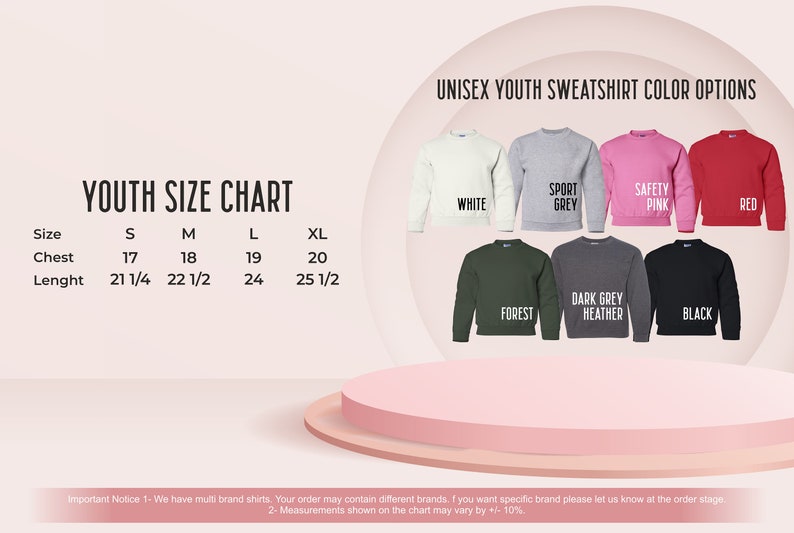 Puede incluir: Tabla de tallas para sudaderas para j&oacute;venes con medidas en pulgadas. Las opciones de color incluyen blanco, gris deportivo, rosa seguridad, rojo, bosque, gris oscuro jaspeado y negro.