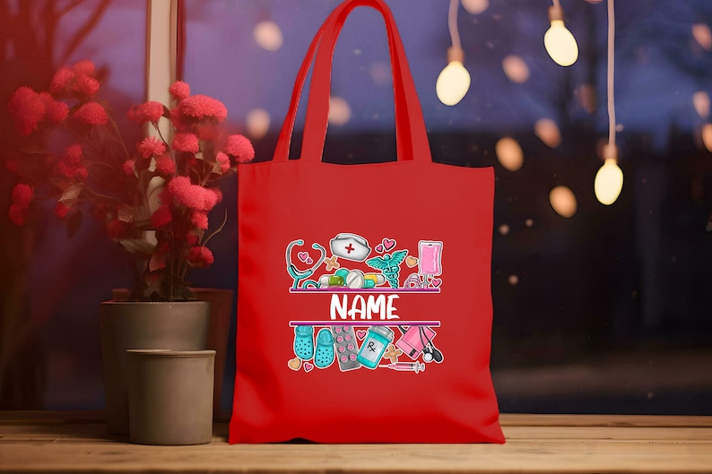 May include: Red tote bag with a personalized name and a design featuring medical symbols, hearts, and pills. The design is in a cartoon style.