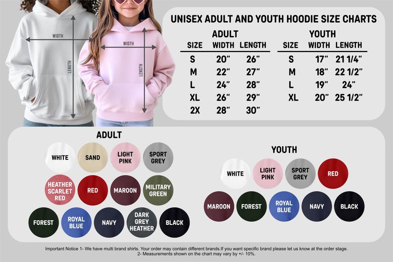 Peut inclure: Tableau des tailles de sweat-shirts &agrave; capuche unisexes pour adultes et enfants avec des mesures en pouces. Le tableau pr&eacute;sente diff&eacute;rentes couleurs de sweat-shirts &agrave; capuche pour adultes et enfants, notamment blanc, sable, rose clair, gris sport, rouge &eacute;carlate chin&eacute;, marron, vert militaire, for&ecirc;t, bleu royal, marine, gris fonc&eacute; chin&eacute; et noir. Le tableau comprend &eacute;galement une note importante concernant les sweat-shirts de plusieurs marques et les variations de mesures.