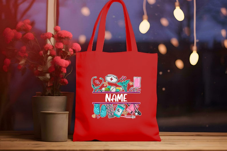 May include: Red tote bag with a personalized name and a design featuring medical symbols, pills, and a stethoscope. The design is in a cartoon style with bright colors.