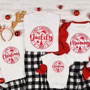 Matching Family First Christmas 2025 Shirts Xmas Family Shirts Husband Gifts New Baby Gifts Mommy Daddy Baby Tee Matching Christmas Tshirts