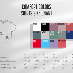 May include: A size chart for t-shirts with measurements in inches. The chart includes sizes S through 3XL and shows the body length, body length tolerance, chest tolerance, and chest width (laid flat). The chart also includes a color chart with 12 different colors.