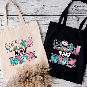 May include: Two tote bags with a personalized design featuring a variety of medical symbols and the word "NAME". One bag is black and the other is natural canvas.