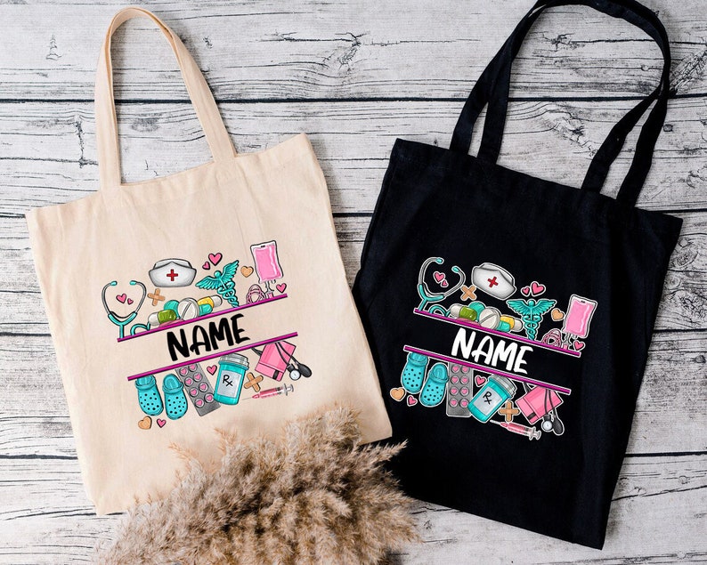 May include: Two tote bags with a personalized design featuring a variety of medical symbols and the word "NAME". One bag is black and the other is natural canvas.