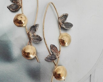 Black Gold Earrings, Two Tone Earrings, Gold Ear Leaves, Branch Earrings, Nature Earrings, Silver Ear Flowers, Floral Dangles, Gift For Her