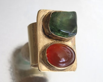 Natural Stone Ring, Natural Carnelian, Carnelean Ring, Ring Gold Plated, Carnelian Raw, Raw Stone Ring, Two Stone Ring, Orange Stone Ring