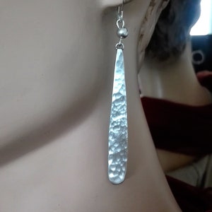 Hammered Sterling Silver Leaf Earrings: Long Dangle Drop