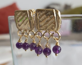 Amethyst Bead Earrings, Gold Purple Earrings, Purple Amethyst Dangles, Bridal Earrings, Boho Gold Studs, Stud Dangles, Sterling Gold Stone