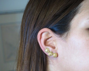 Gold Ear climbers, Gold Ear Crawler, Unusual Earrings, Gold Ear Cuff, Circle Ear Climber, Textured Earrings, Gold Over Silver, Ear Sweeps