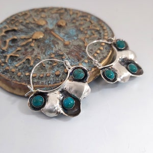 Handmade Sterling Silver Turquoise Hoop Earrings: Bohemian Flower Jewelry