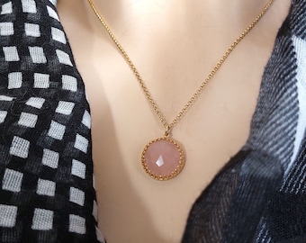 Rose Quartz Necklace: 18K Goldfilled Round Pendant, Handmade Jewelry
