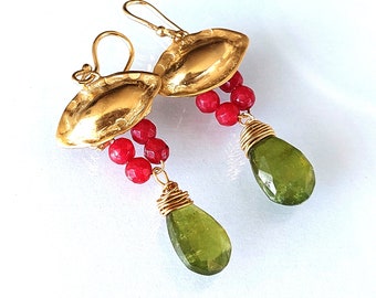 Colorful Earrings Red Green Dangles, Eye Earrings, Ruby Earrings, July Stone Jewelry, Gemstone Earrings, 18K Gold Vermeil, Earrings for Her